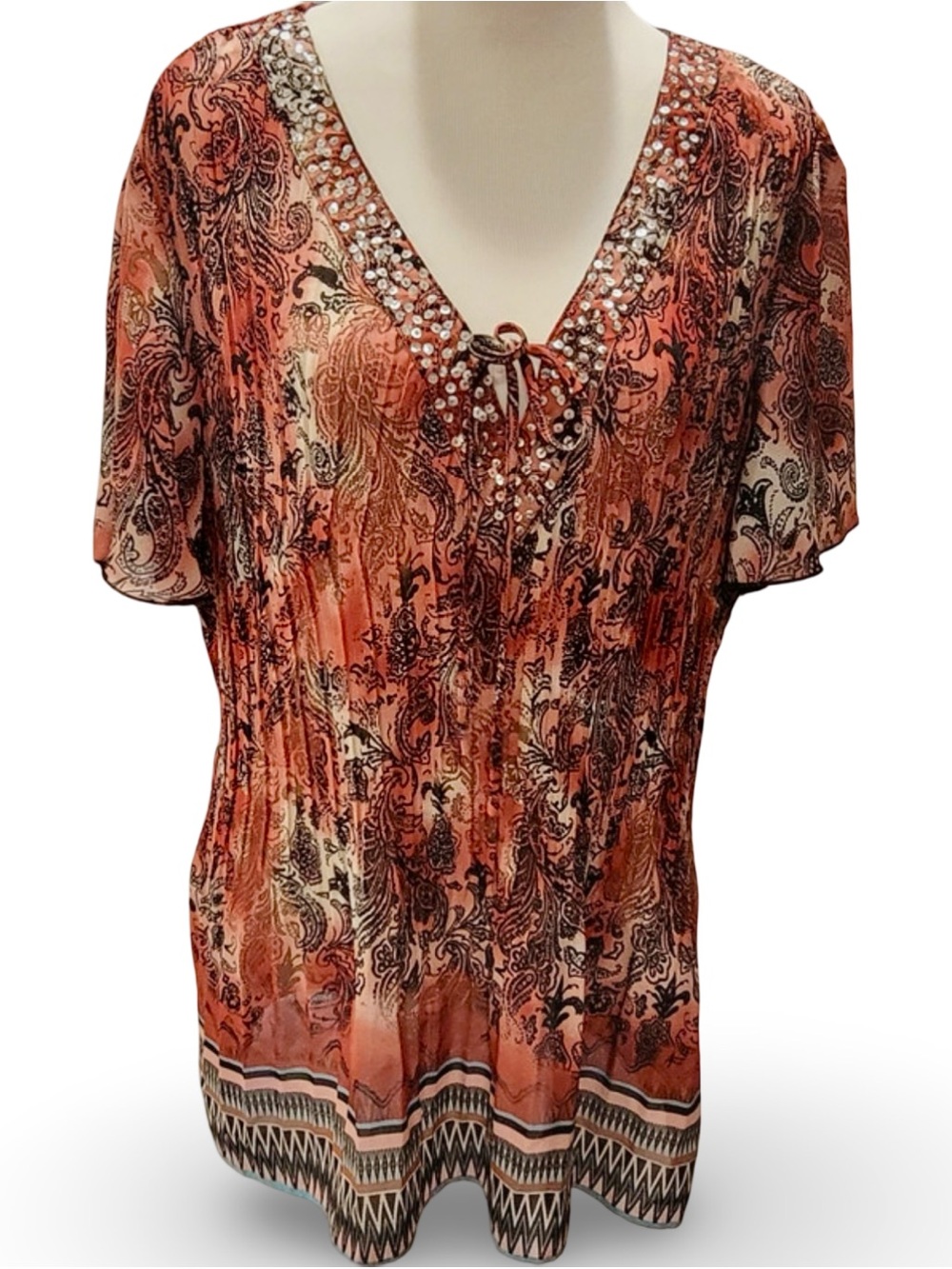 Coral Paisley V-Neck Tunic with Embellished Trim